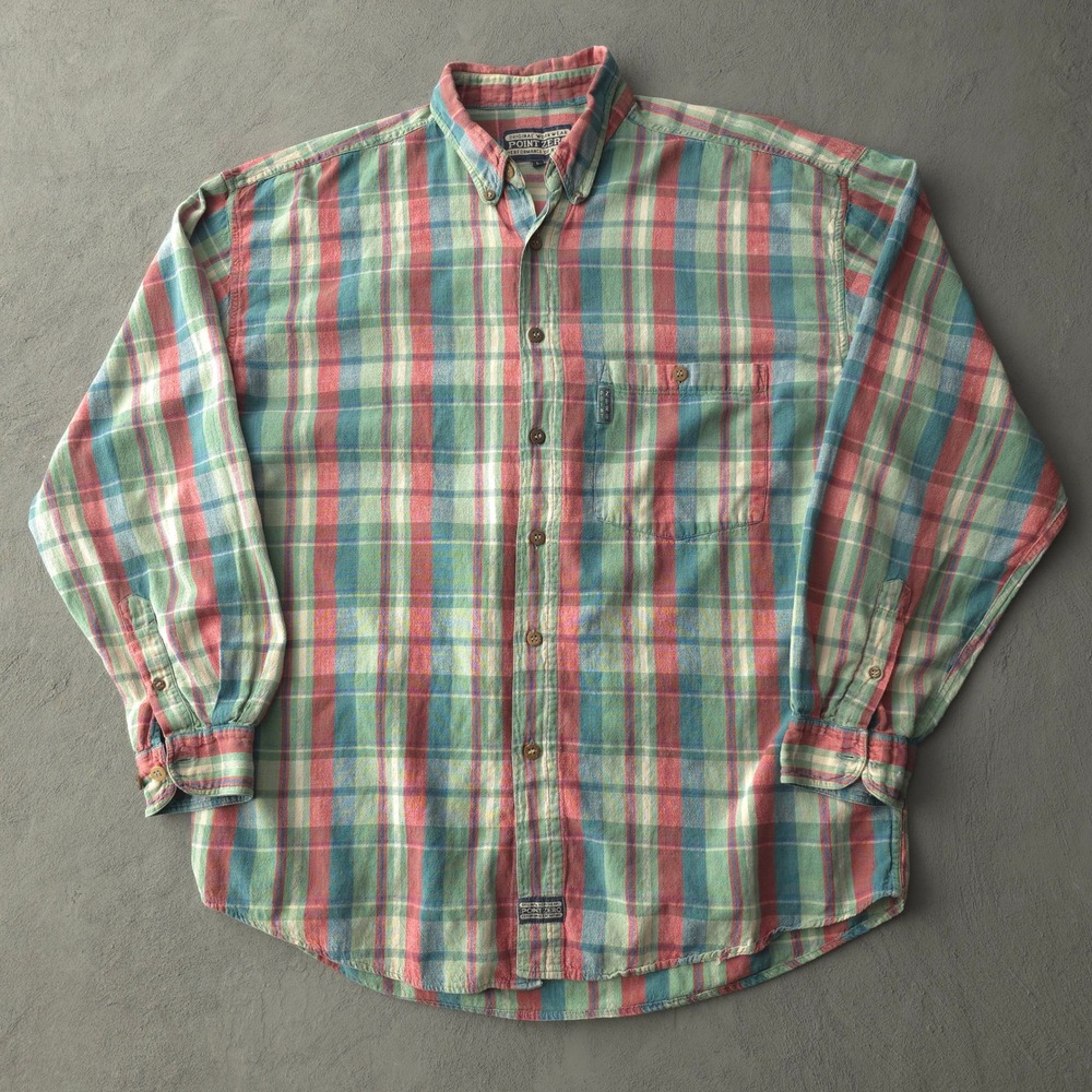 Vintage 90s Point Zero Green Plaid Button Up Shirt Large Long Sleeve